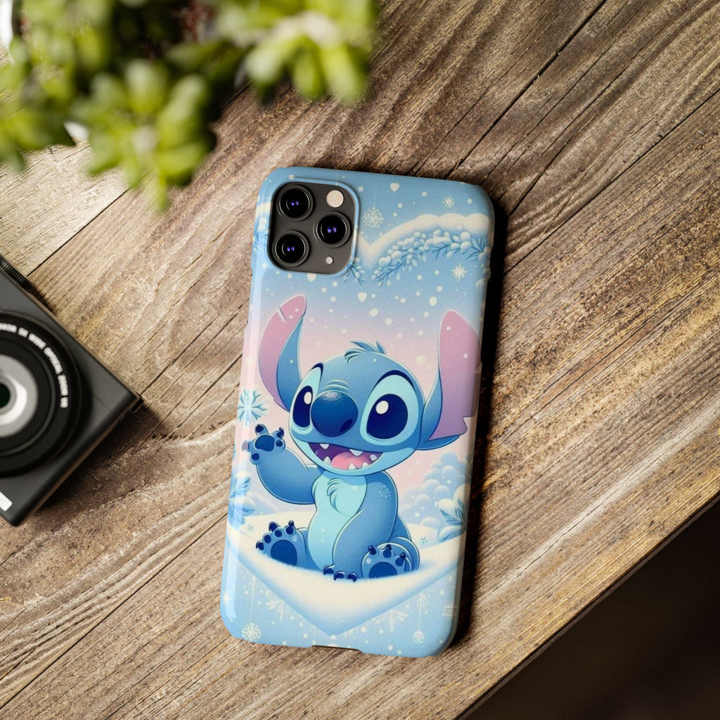 Cute Blue Alien Character Slim Phone Case | Snow Heart Pattern