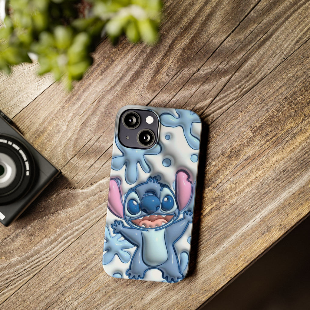 Cute Stitch Slim Phone Case – Blue Splash Cartoon Phone Cover