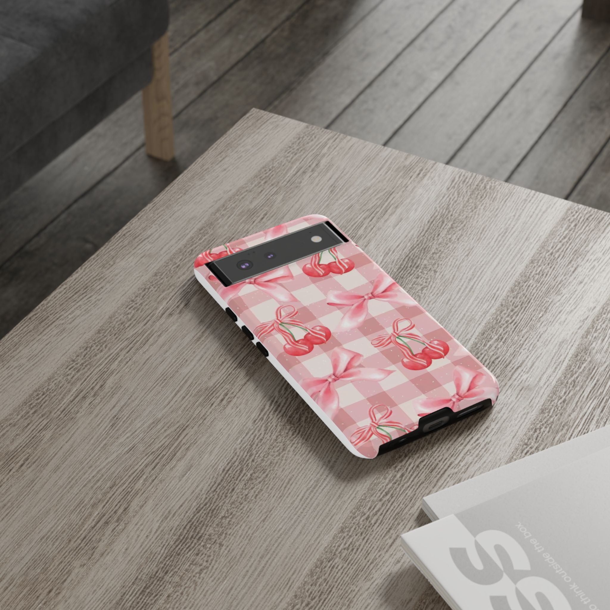 Pink Cherry Bow Phone Case — Cute Gingham Cherry Pattern