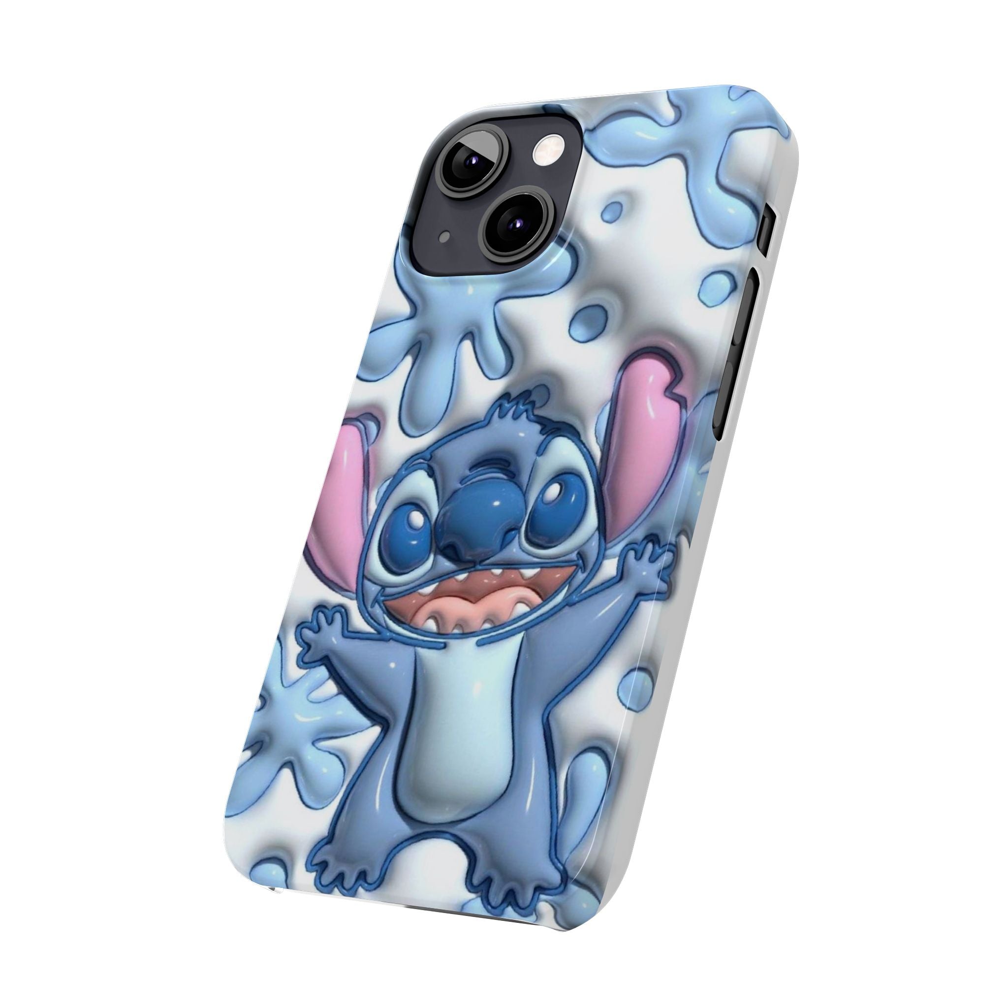 Cute Stitch Slim Phone Case – Blue Splash Cartoon Phone Cover