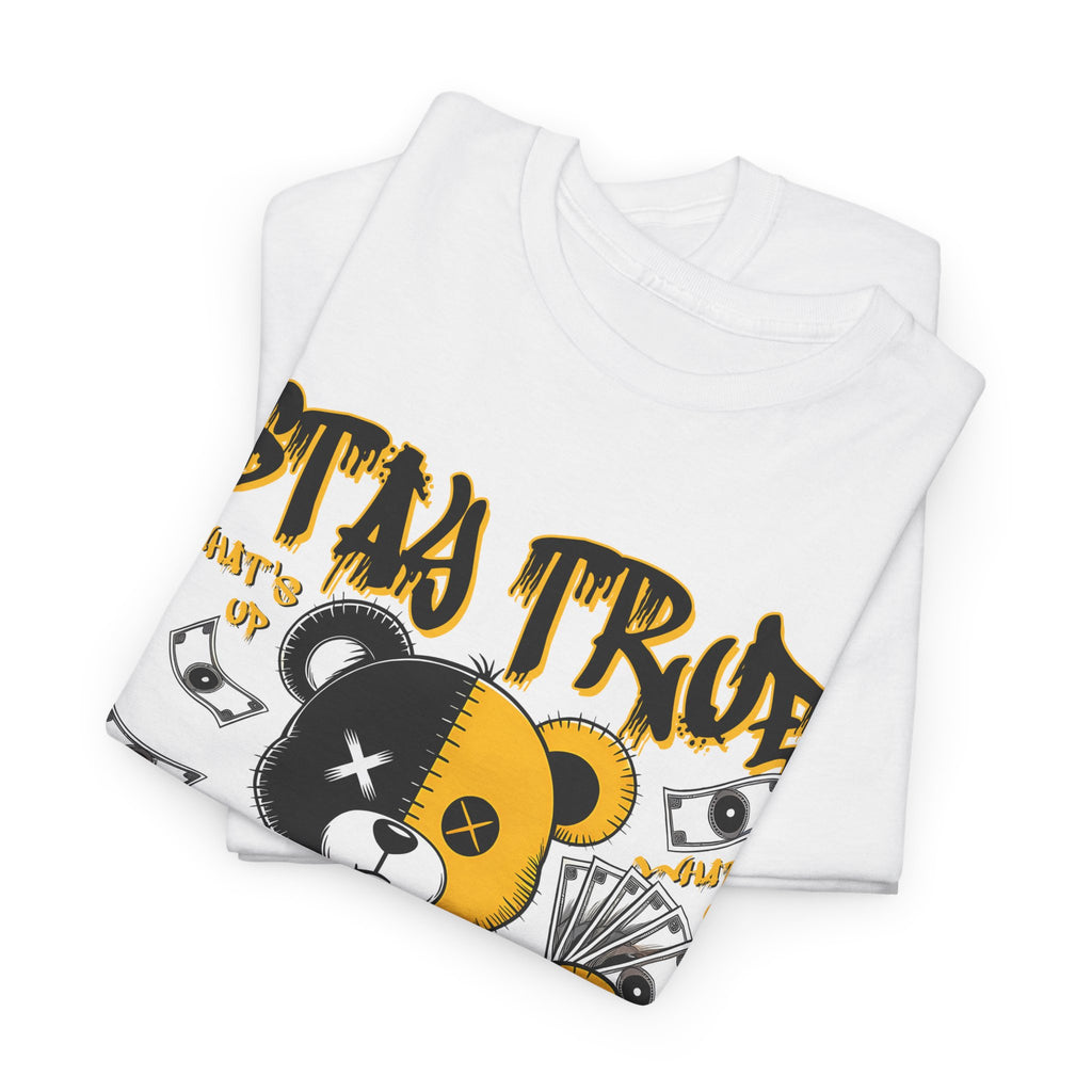 Stay True Bear Graphic Tee — Cute Black & Yellow Money Bear Shirt