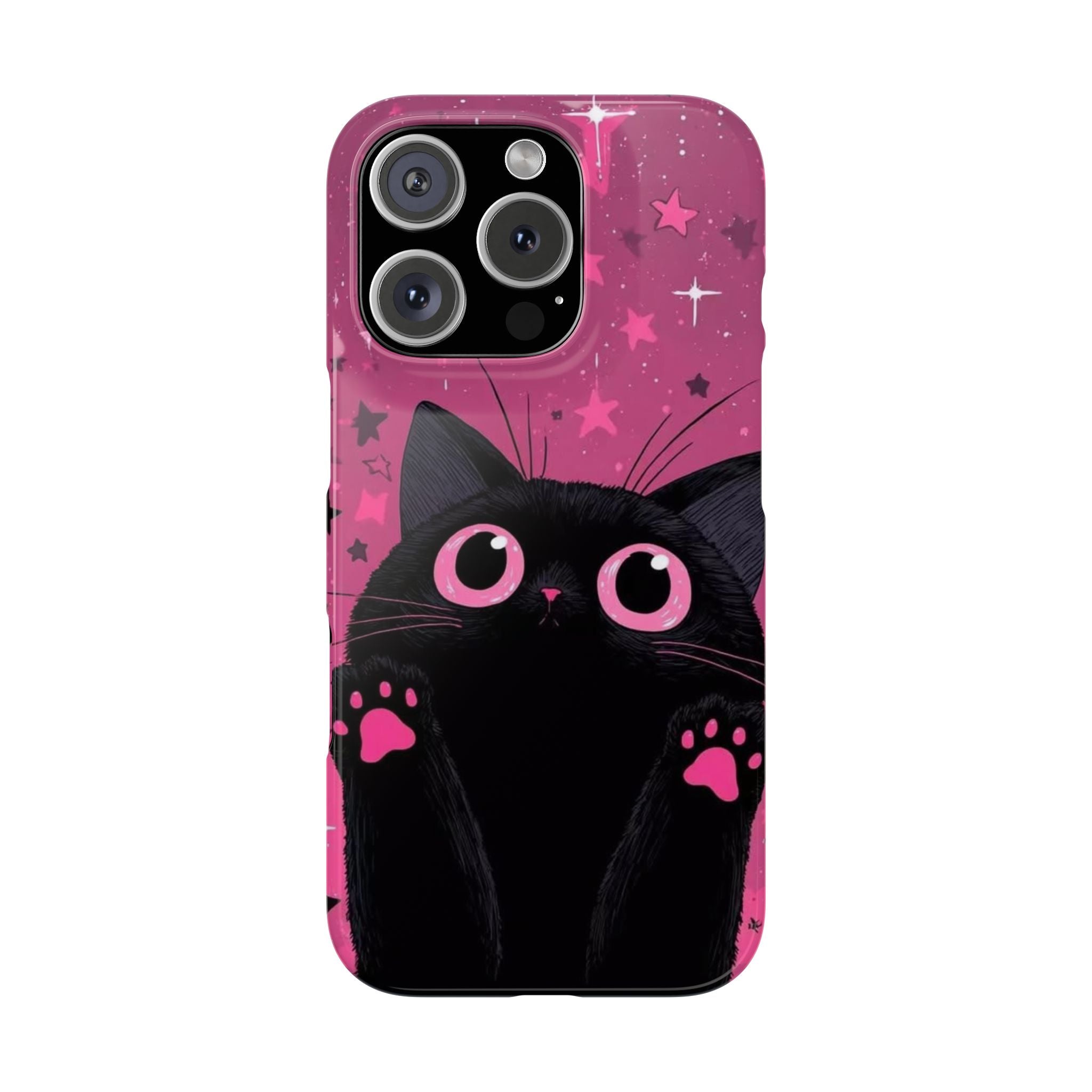 Cute Black Cat with Pink Paws Slim Phone Case | Starry Background