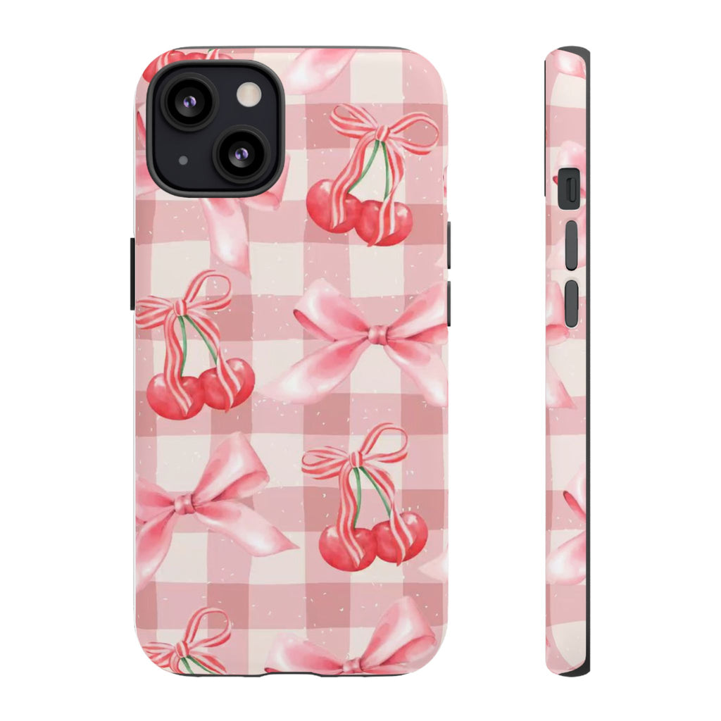 Pink Cherry Bow Phone Case — Cute Gingham Cherry Pattern