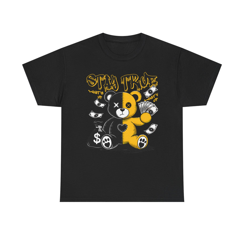 Stay True Bear Graphic Tee — Cute Black & Yellow Money Bear Shirt