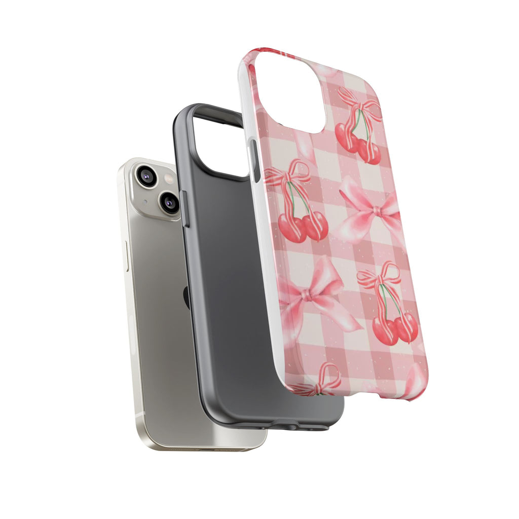 Pink Cherry Bow Phone Case — Cute Gingham Cherry Pattern