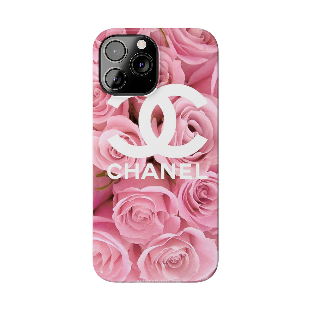 Slim Phone Case — Pink Rose Floral Design with Luxury Logo
