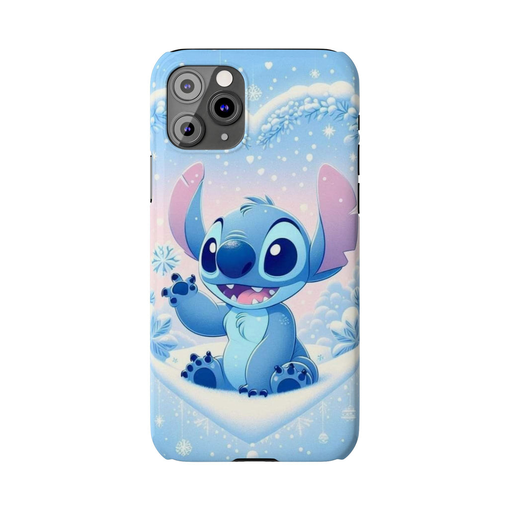 Cute Blue Alien Character Slim Phone Case | Snow Heart Pattern