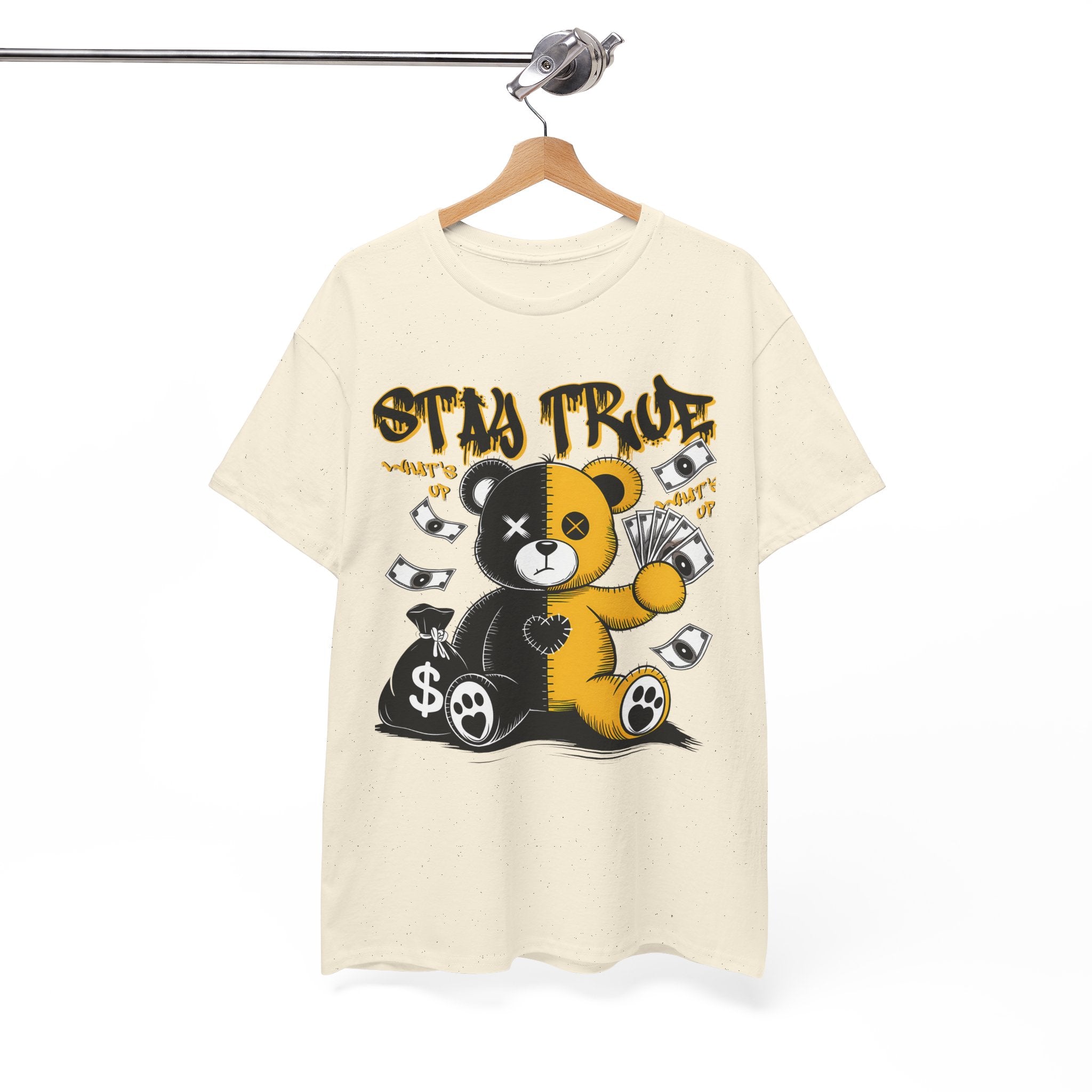 Stay True Bear Graphic Tee — Cute Black & Yellow Money Bear Shirt