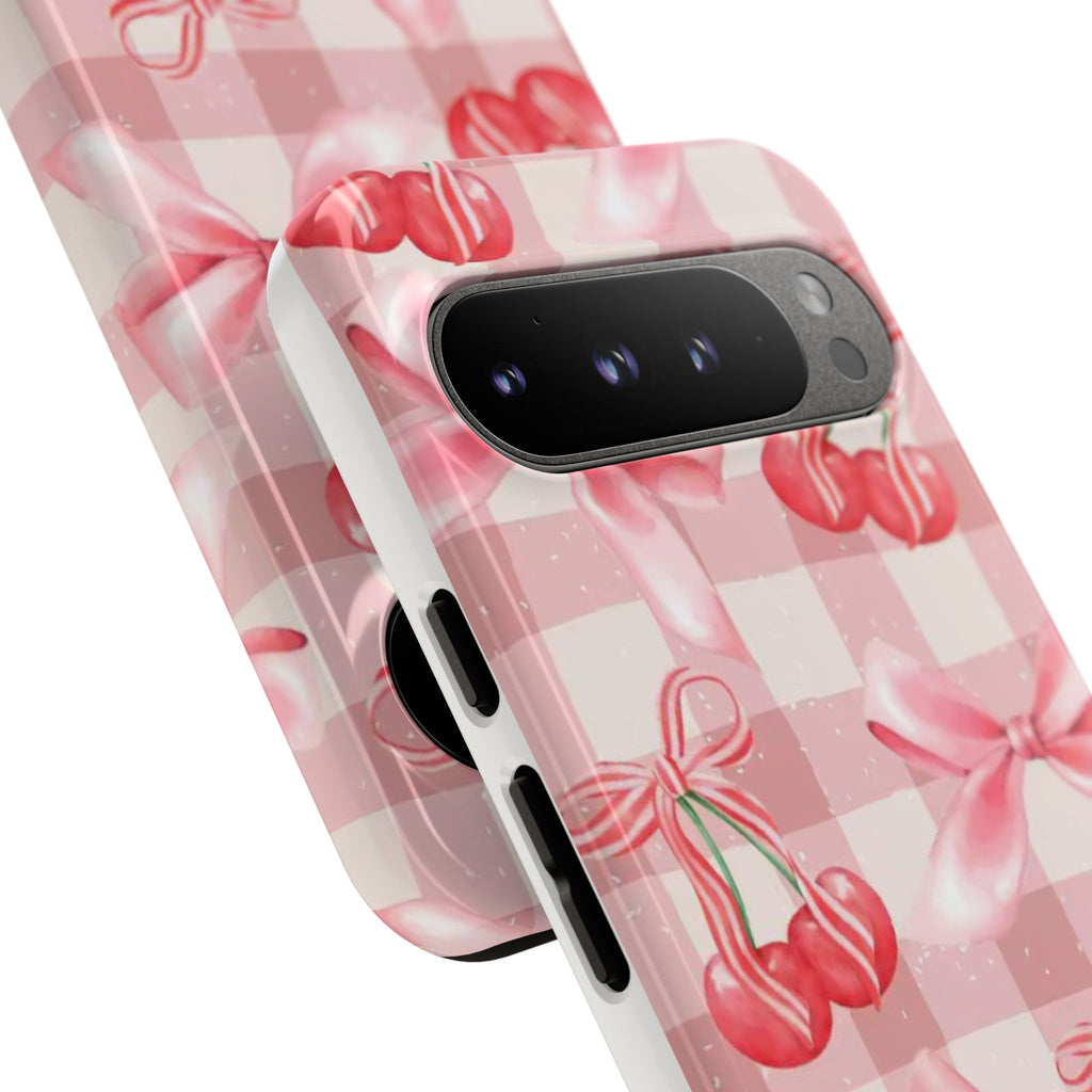 Pink Cherry Bow Phone Case — Cute Gingham Cherry Pattern