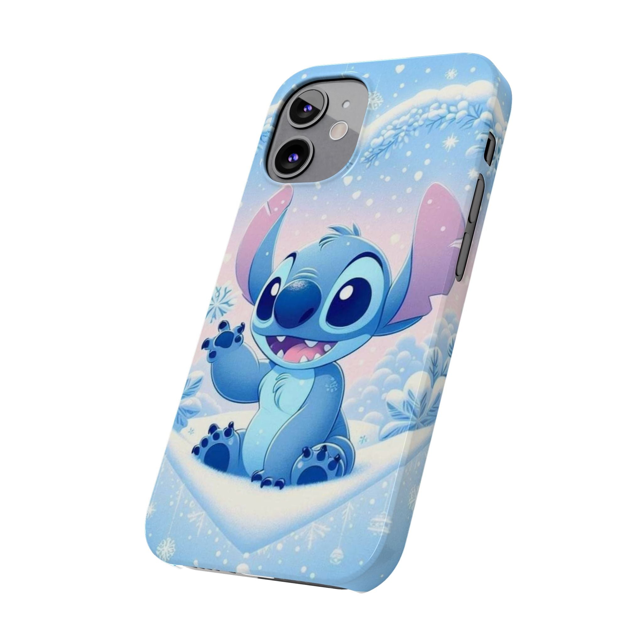 Cute Blue Alien Character Slim Phone Case | Snow Heart Pattern