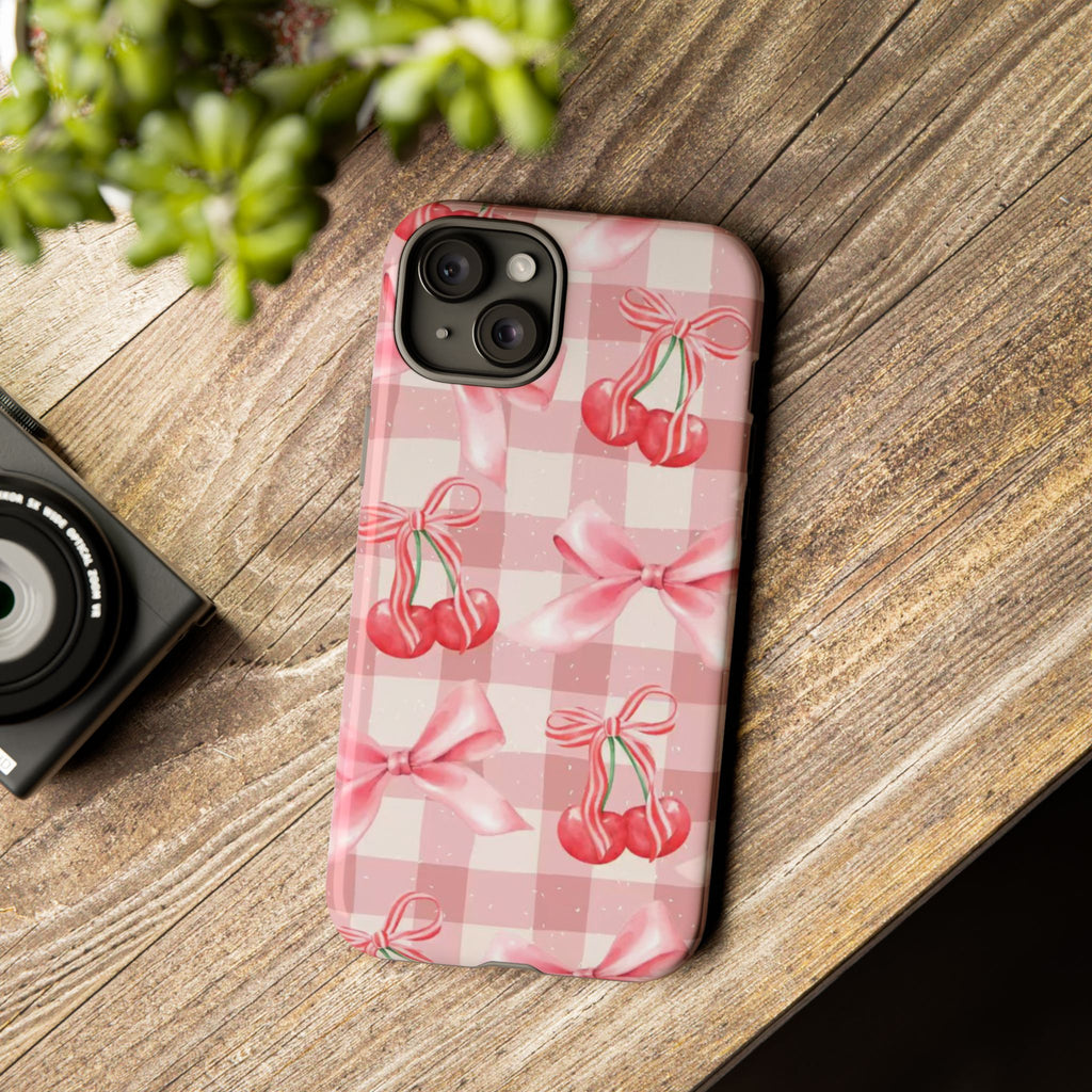 Pink Cherry Bow Phone Case — Cute Gingham Cherry Pattern