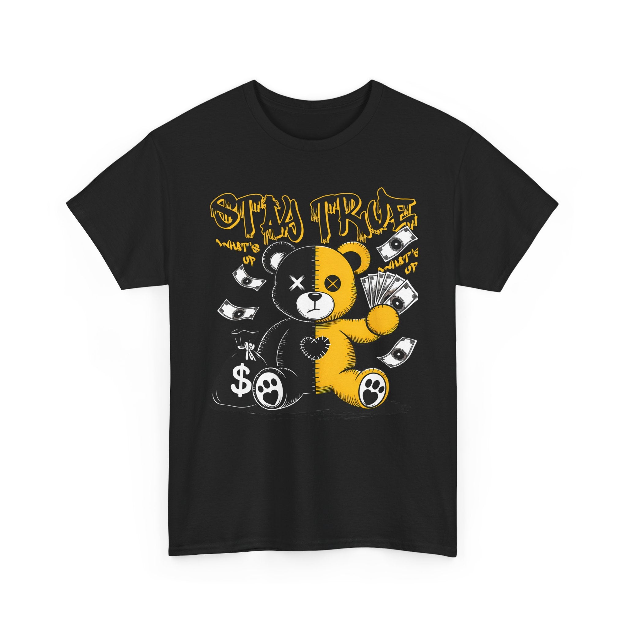 Stay True Bear Graphic Tee — Cute Black & Yellow Money Bear Shirt
