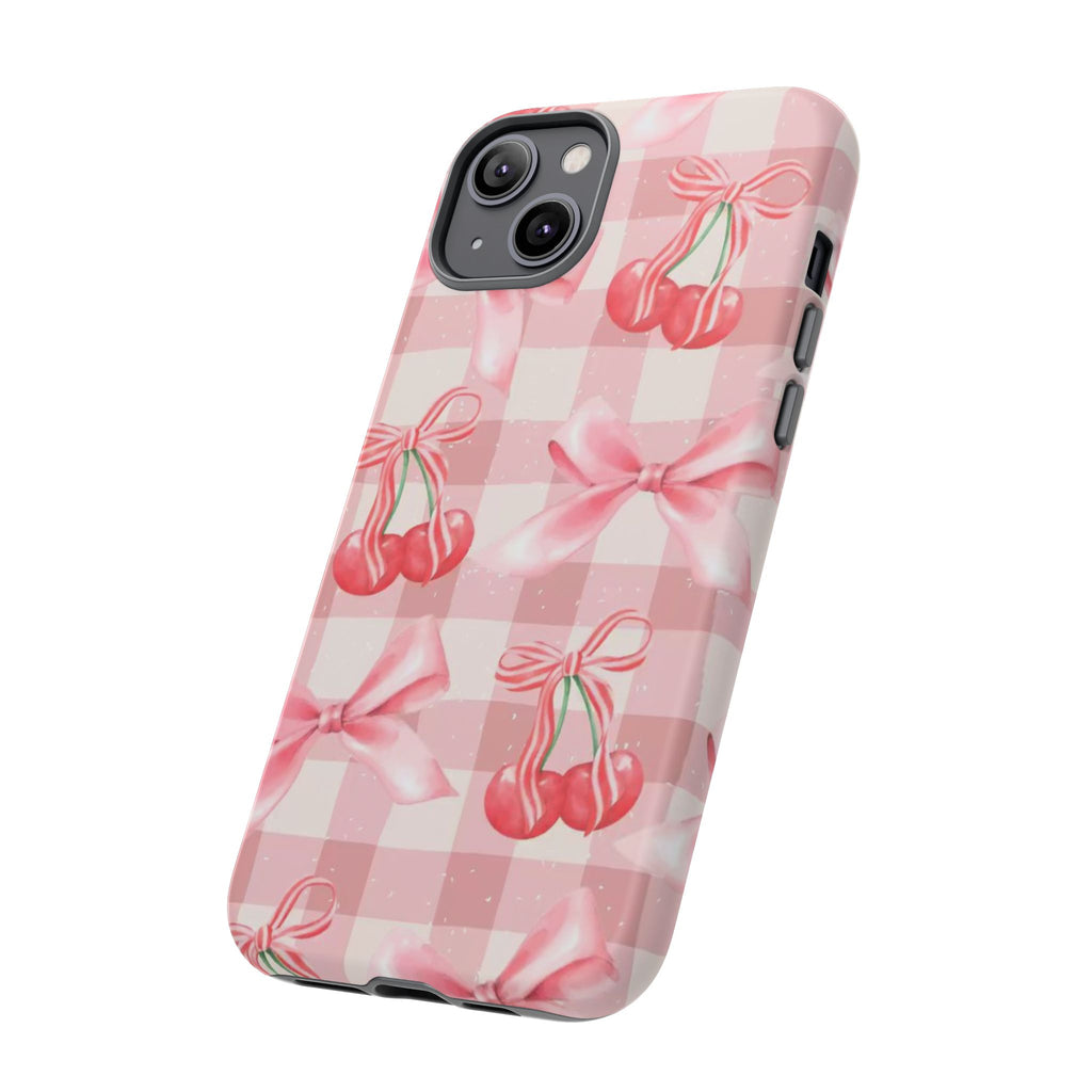 Pink Cherry Bow Phone Case — Cute Gingham Cherry Pattern