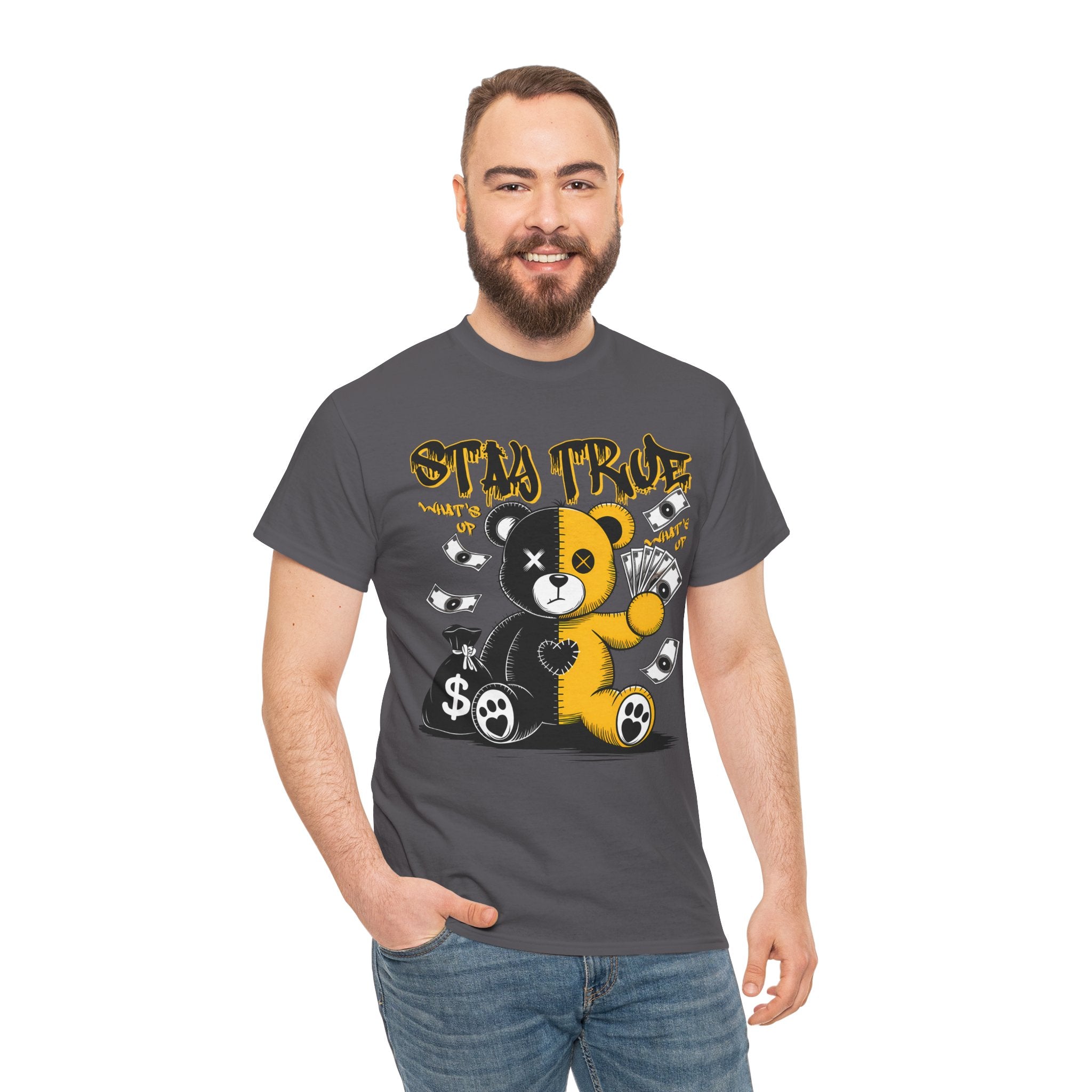 Stay True Bear Graphic Tee — Cute Black & Yellow Money Bear Shirt