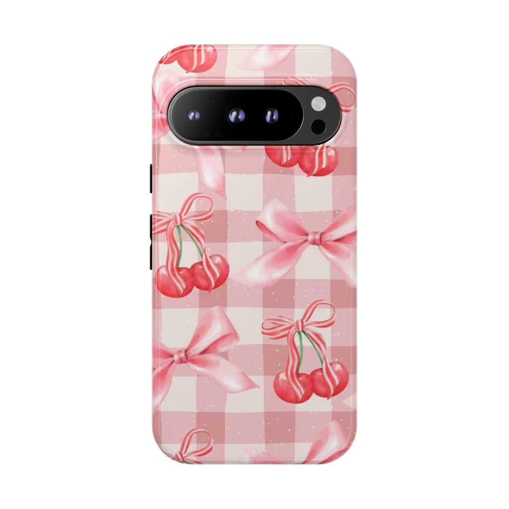 Pink Cherry Bow Phone Case — Cute Gingham Cherry Pattern