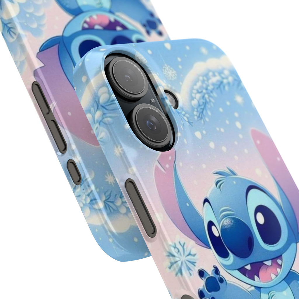 Cute Blue Alien Character Slim Phone Case | Snow Heart Pattern