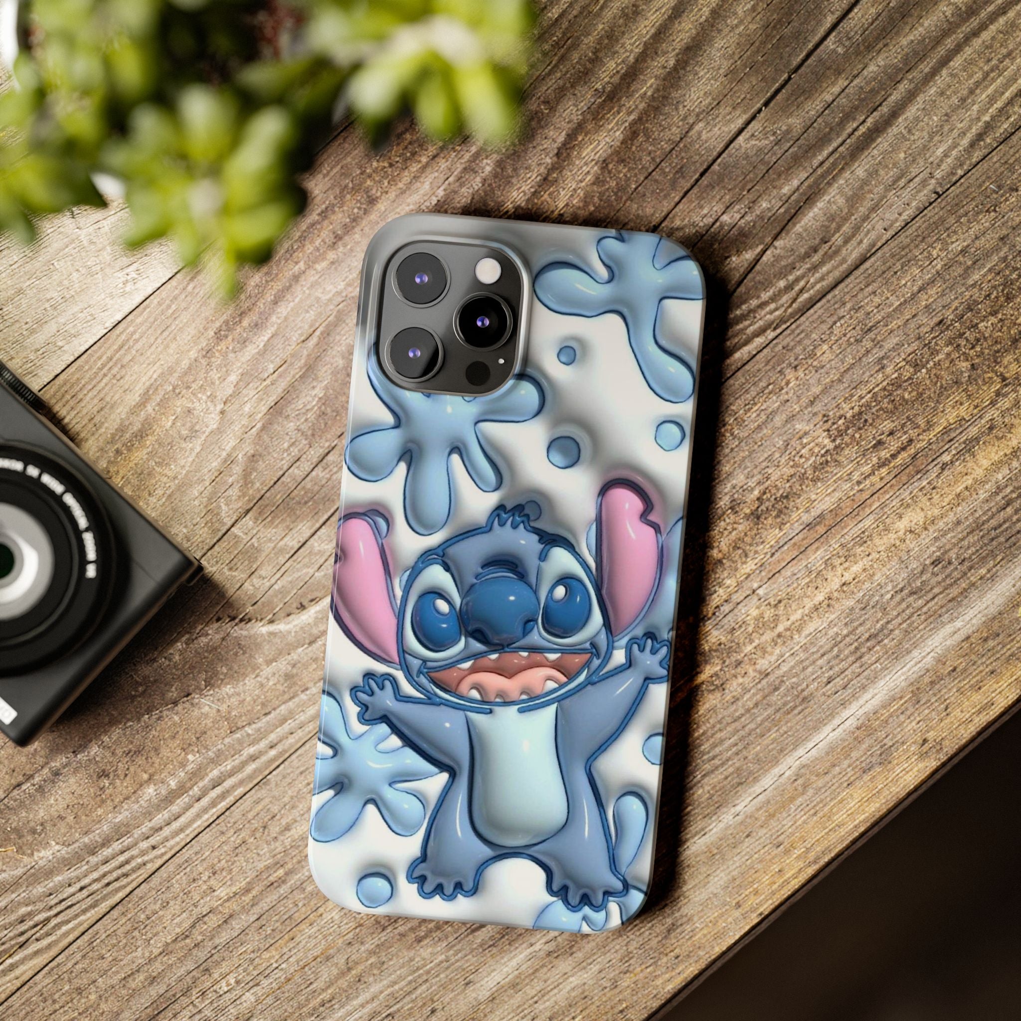 Cute Stitch Slim Phone Case – Blue Splash Cartoon Phone Cover