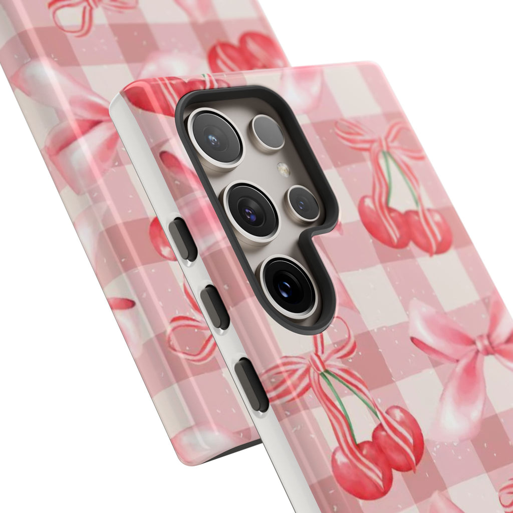 Pink Cherry Bow Phone Case — Cute Gingham Cherry Pattern