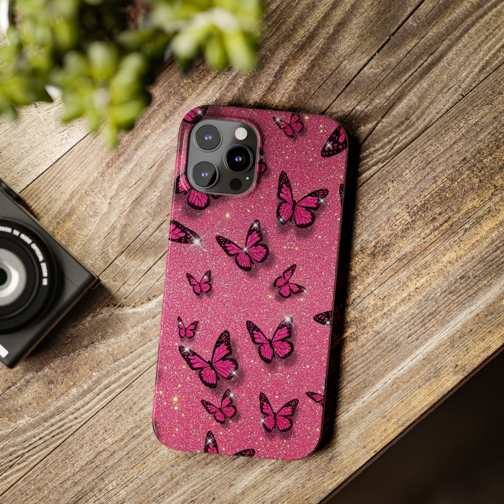 Pink Glitter Butterfly Slim Phone Case — Sparkle Galaxy Floral Phone Cover