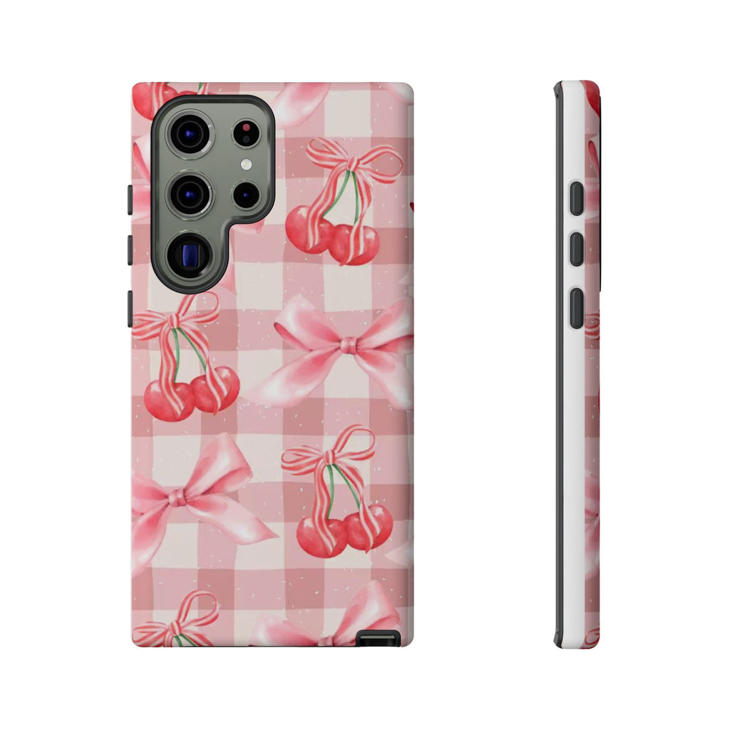 Pink Cherry Bow Phone Case — Cute Gingham Cherry Pattern
