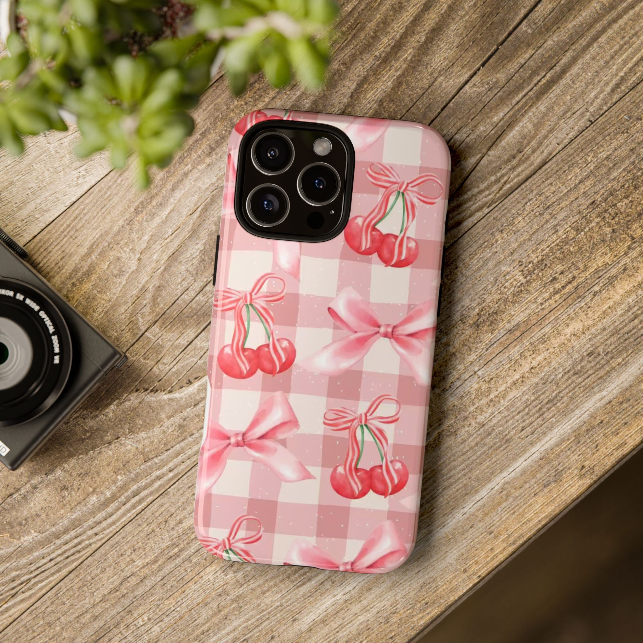 Pink Cherry Bow Phone Case — Cute Gingham Cherry Pattern