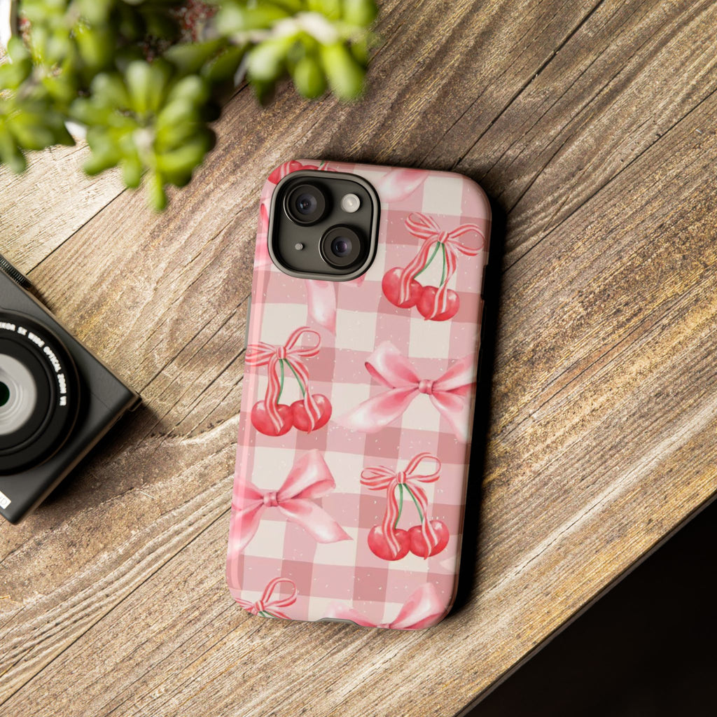 Pink Cherry Bow Phone Case — Cute Gingham Cherry Pattern