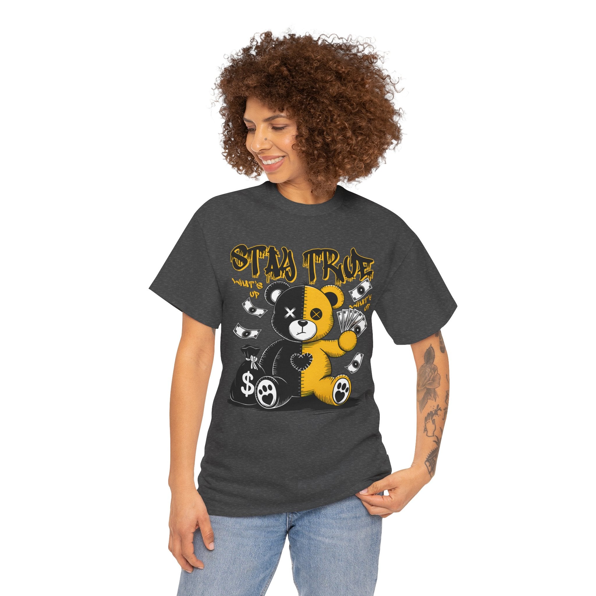 Stay True Bear Graphic Tee — Cute Black & Yellow Money Bear Shirt