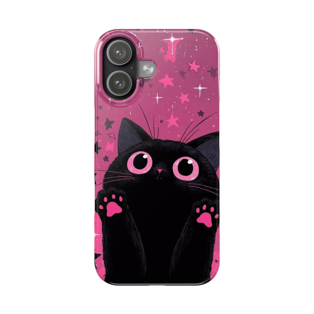 Cute Black Cat with Pink Paws Slim Phone Case | Starry Background