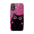 Cute Black Cat with Pink Paws Slim Phone Case | Starry Background
