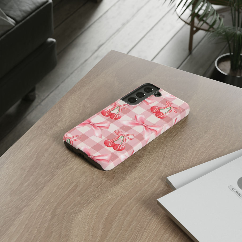 Pink Cherry Bow Phone Case — Cute Gingham Cherry Pattern