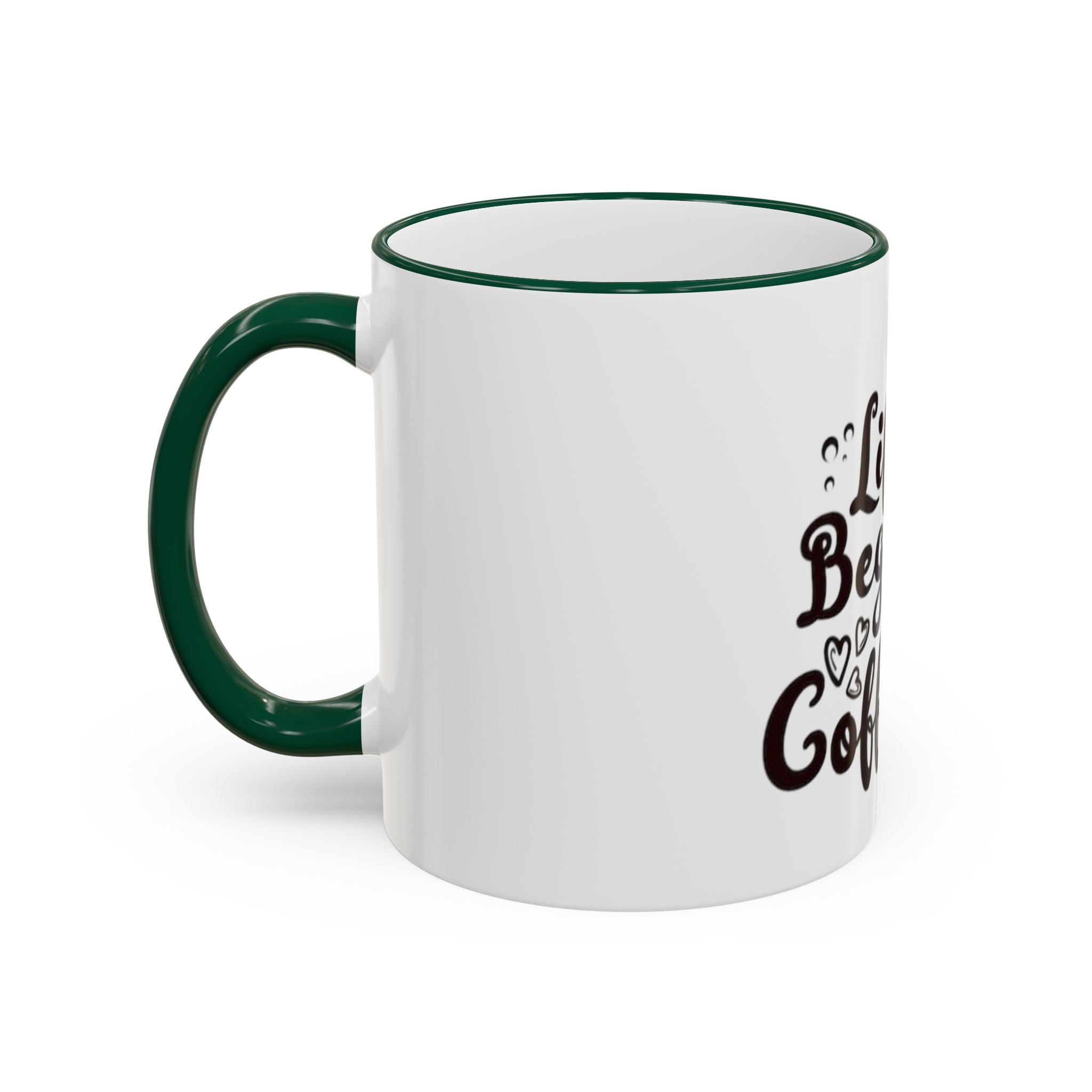 Life Begins After Coffee Accent Rim Mug — Cute Script Coffee Lover Gift (11oz/15oz)