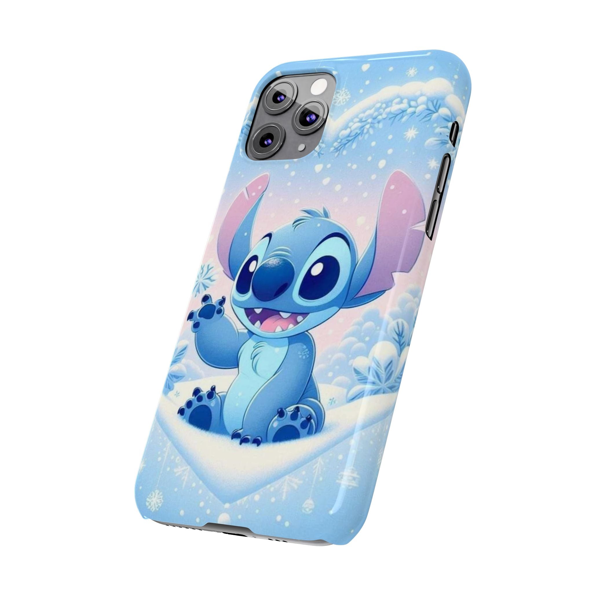 Cute Blue Alien Character Slim Phone Case | Snow Heart Pattern