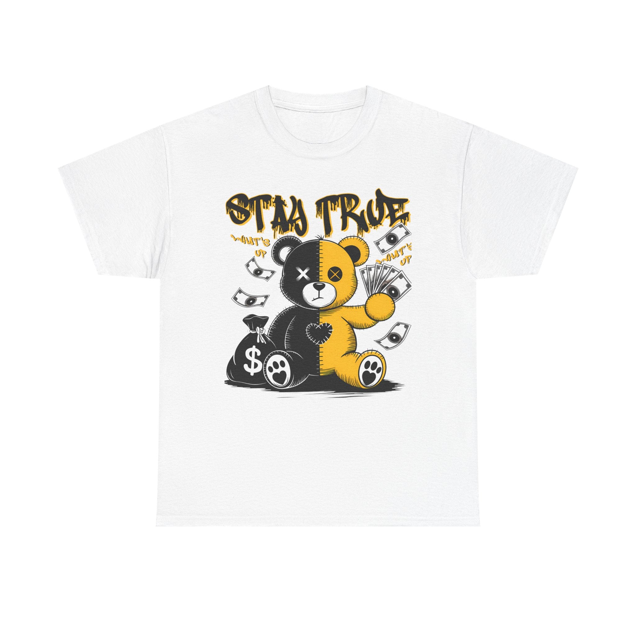 Stay True Bear Graphic Tee — Cute Black & Yellow Money Bear Shirt