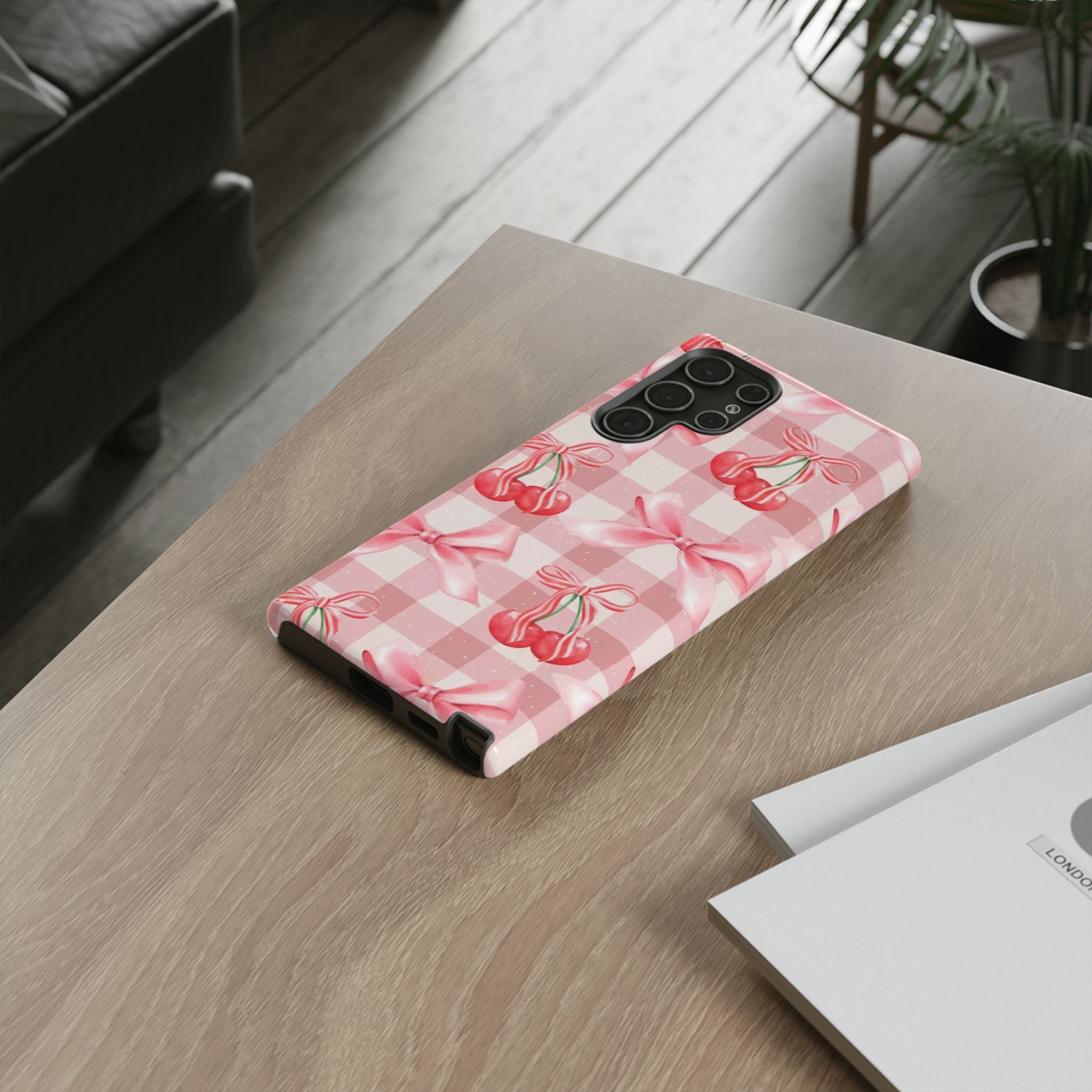 Pink Cherry Bow Phone Case — Cute Gingham Cherry Pattern