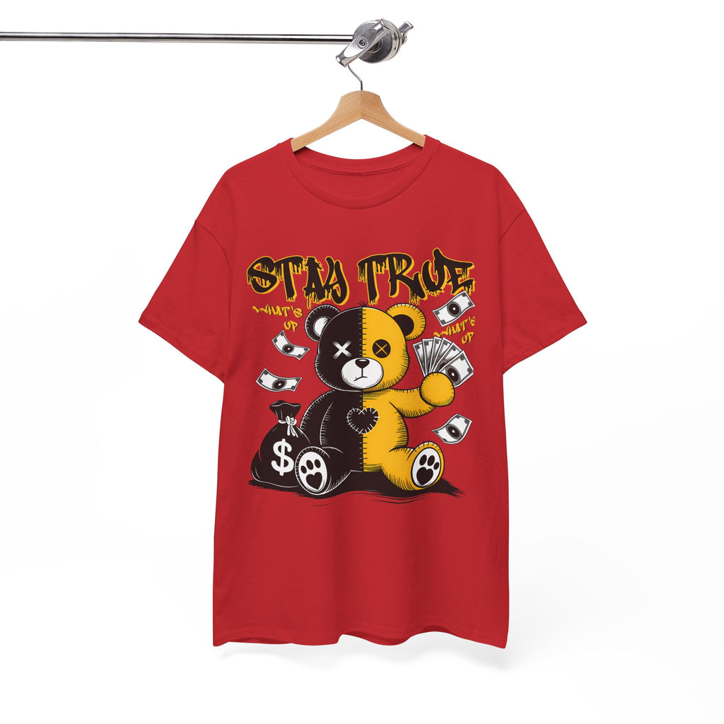 Stay True Bear Graphic Tee — Cute Black & Yellow Money Bear Shirt