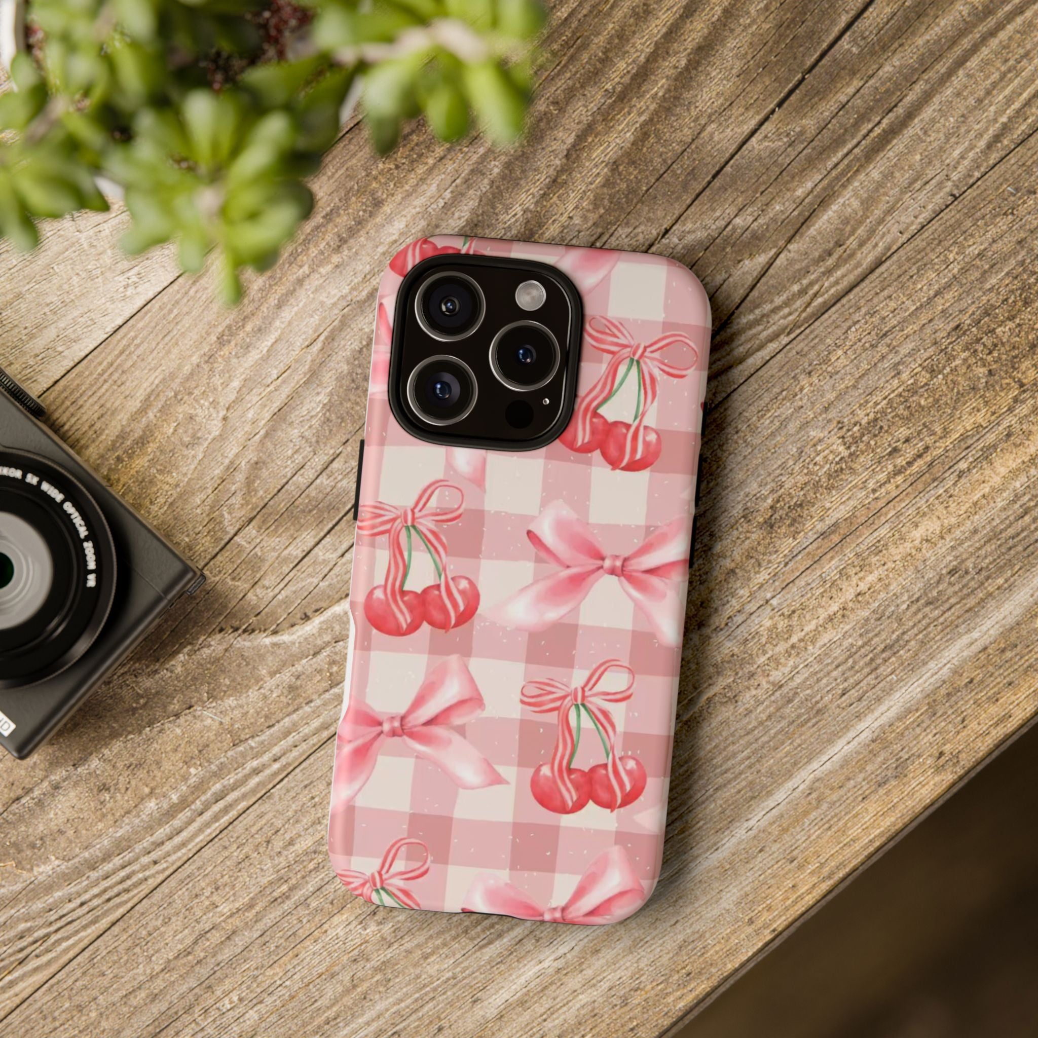 Pink Cherry Bow Phone Case — Cute Gingham Cherry Pattern