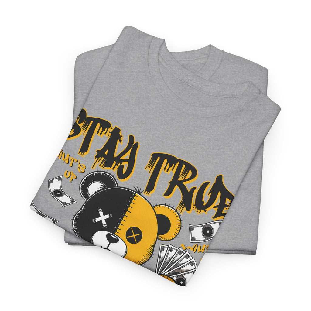 Stay True Bear Graphic Tee — Cute Black & Yellow Money Bear Shirt