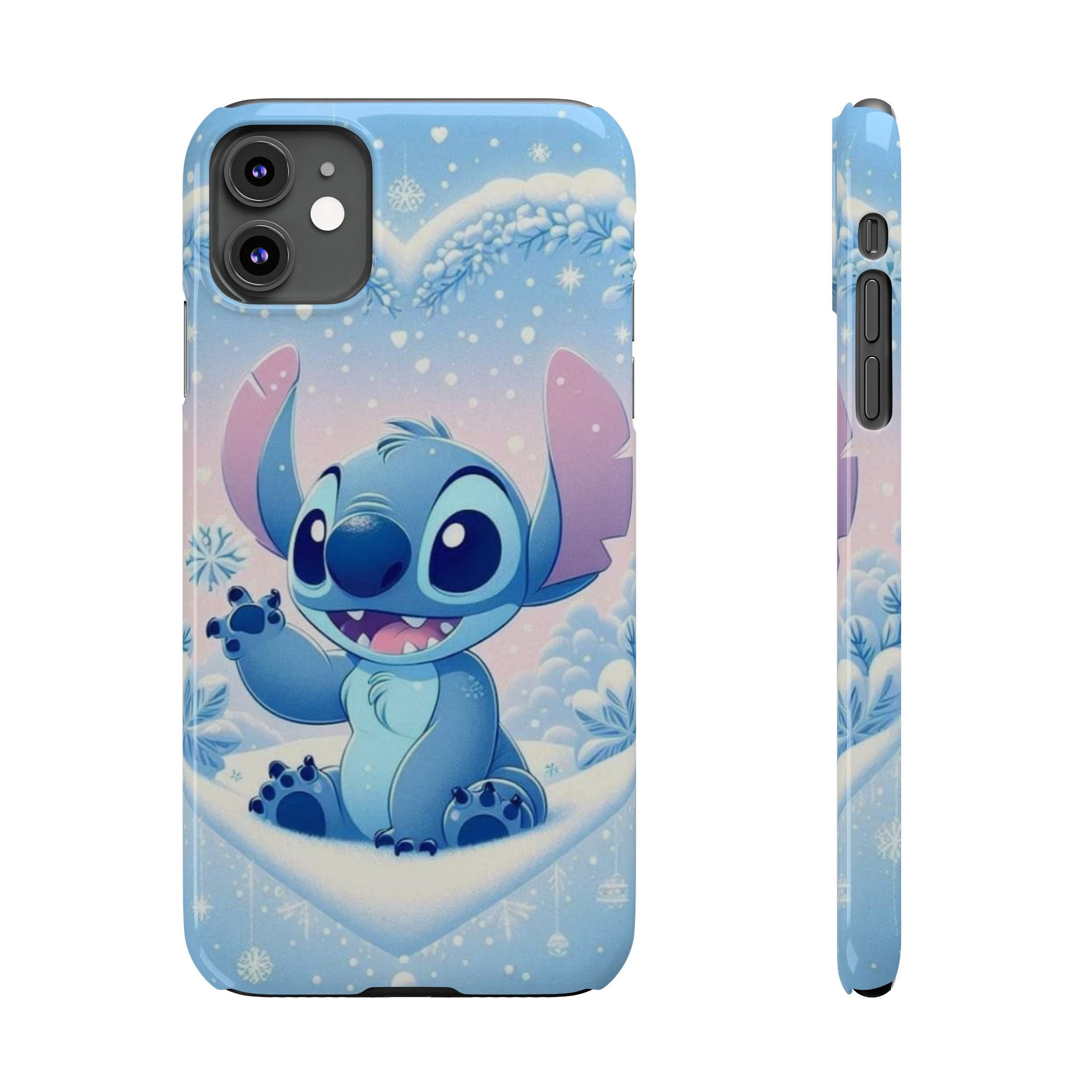 Cute Blue Alien Character Slim Phone Case | Snow Heart Pattern