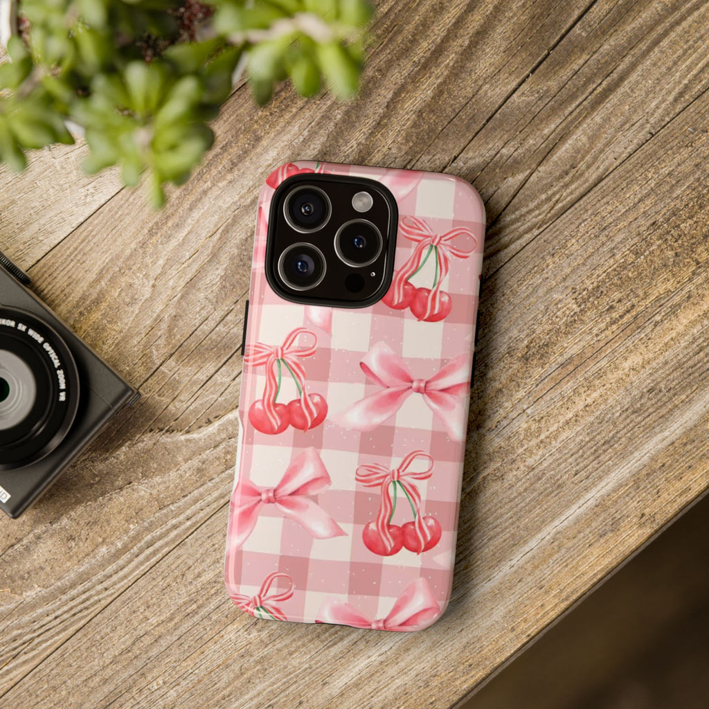 Pink Cherry Bow Phone Case — Cute Gingham Cherry Pattern