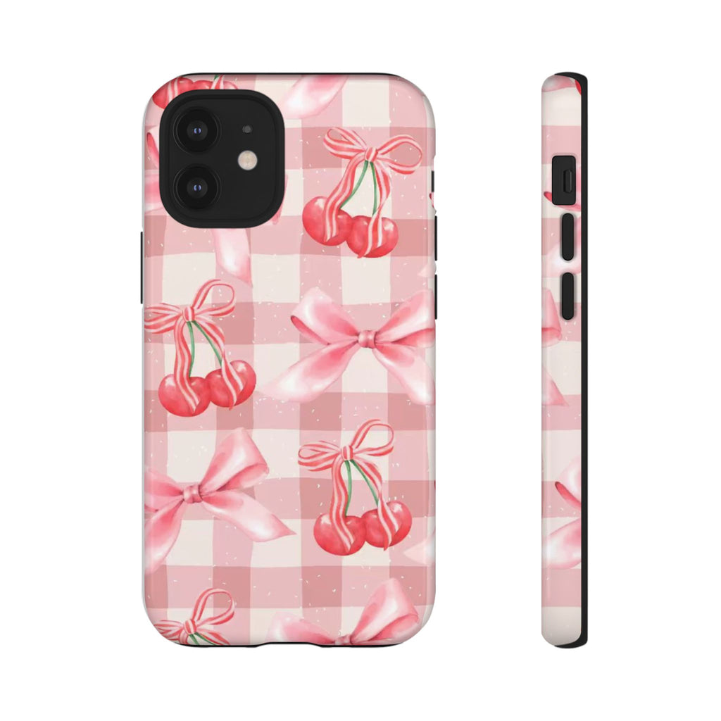 Pink Cherry Bow Phone Case — Cute Gingham Cherry Pattern