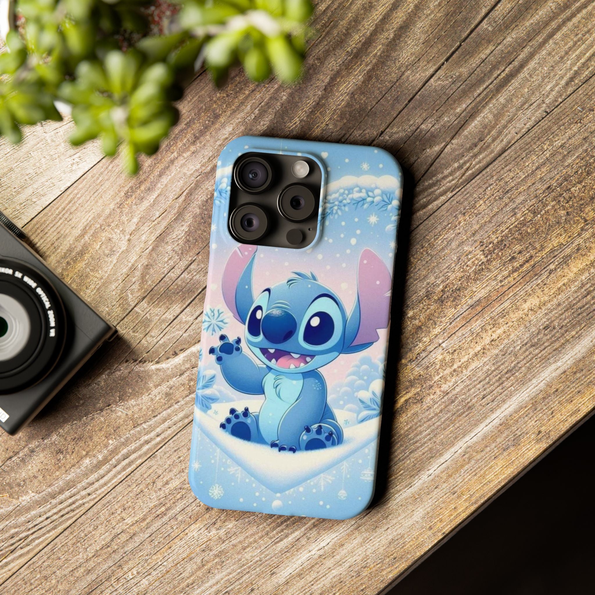 Cute Blue Alien Character Slim Phone Case | Snow Heart Pattern
