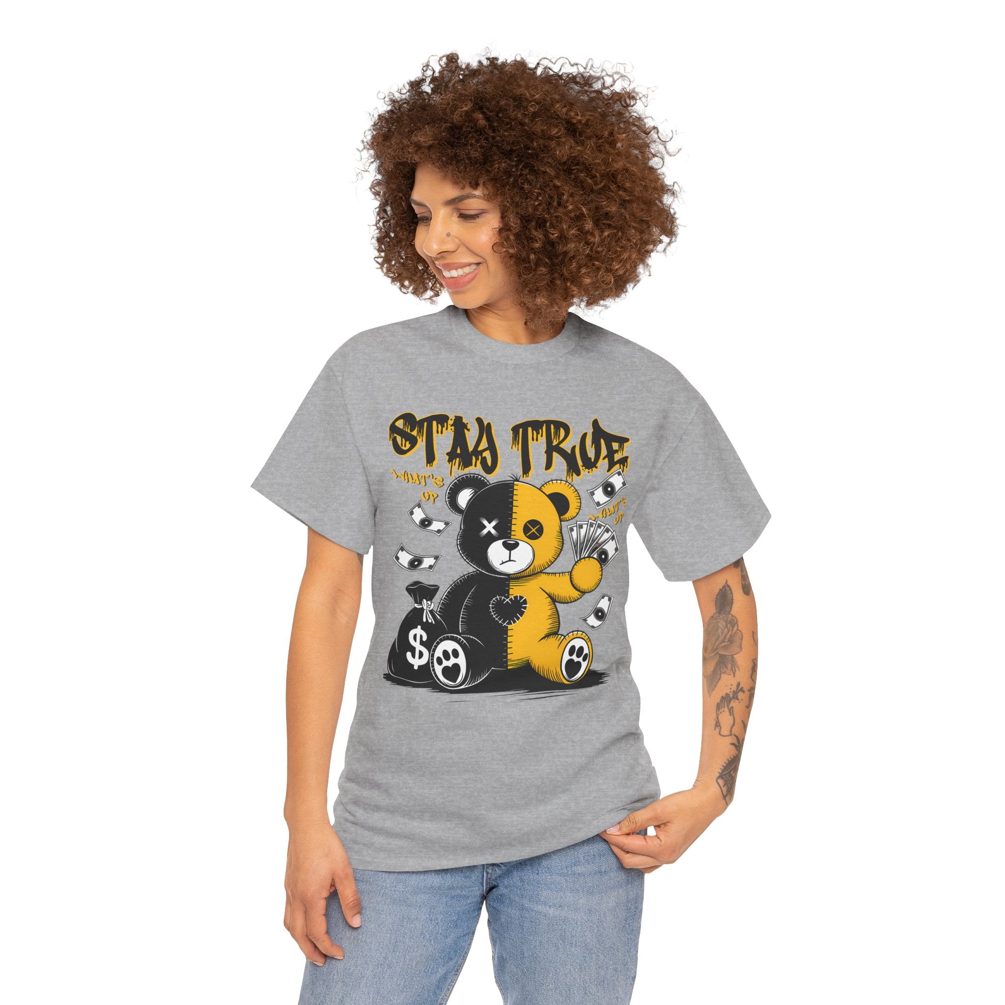 Stay True Bear Graphic Tee — Cute Black & Yellow Money Bear Shirt