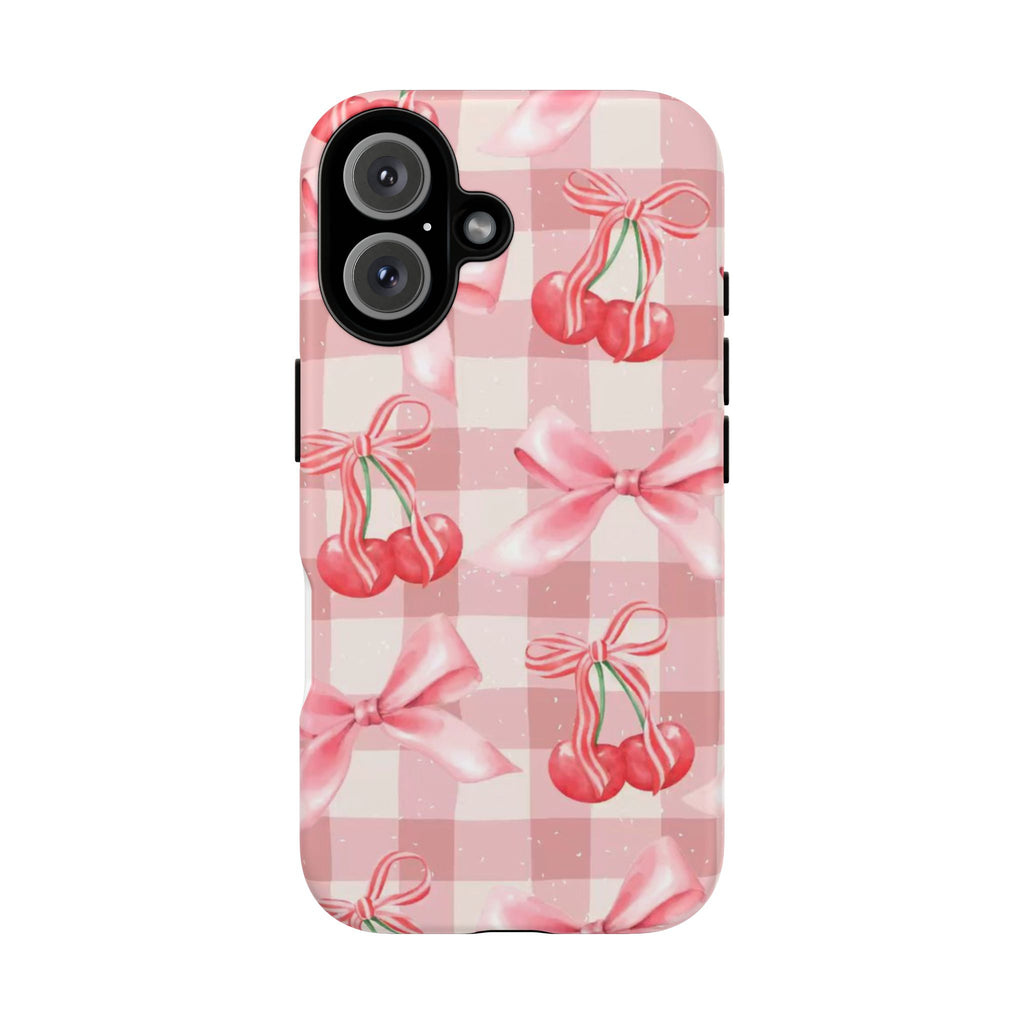 Pink Cherry Bow Phone Case — Cute Gingham Cherry Pattern
