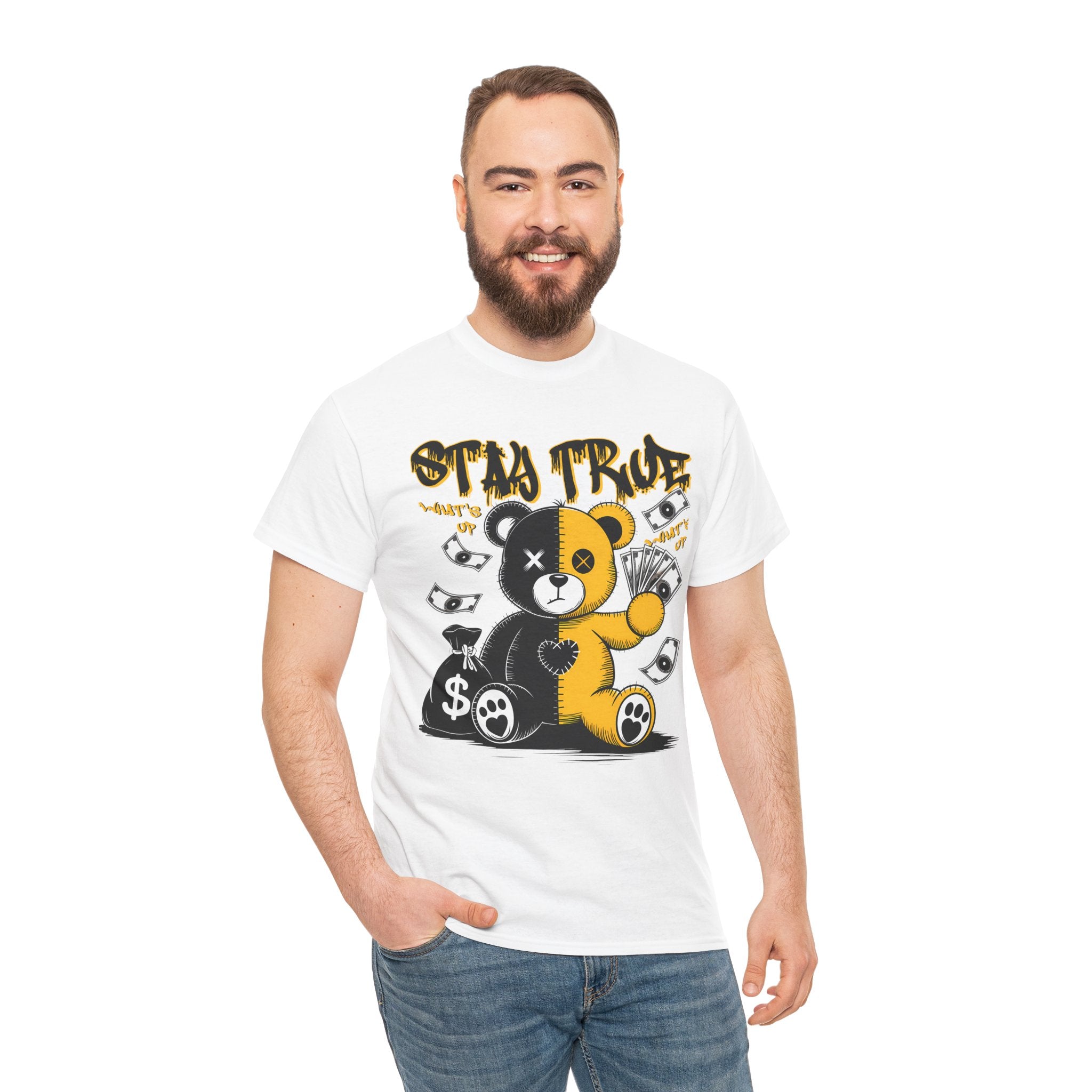 Stay True Bear Graphic Tee — Cute Black & Yellow Money Bear Shirt