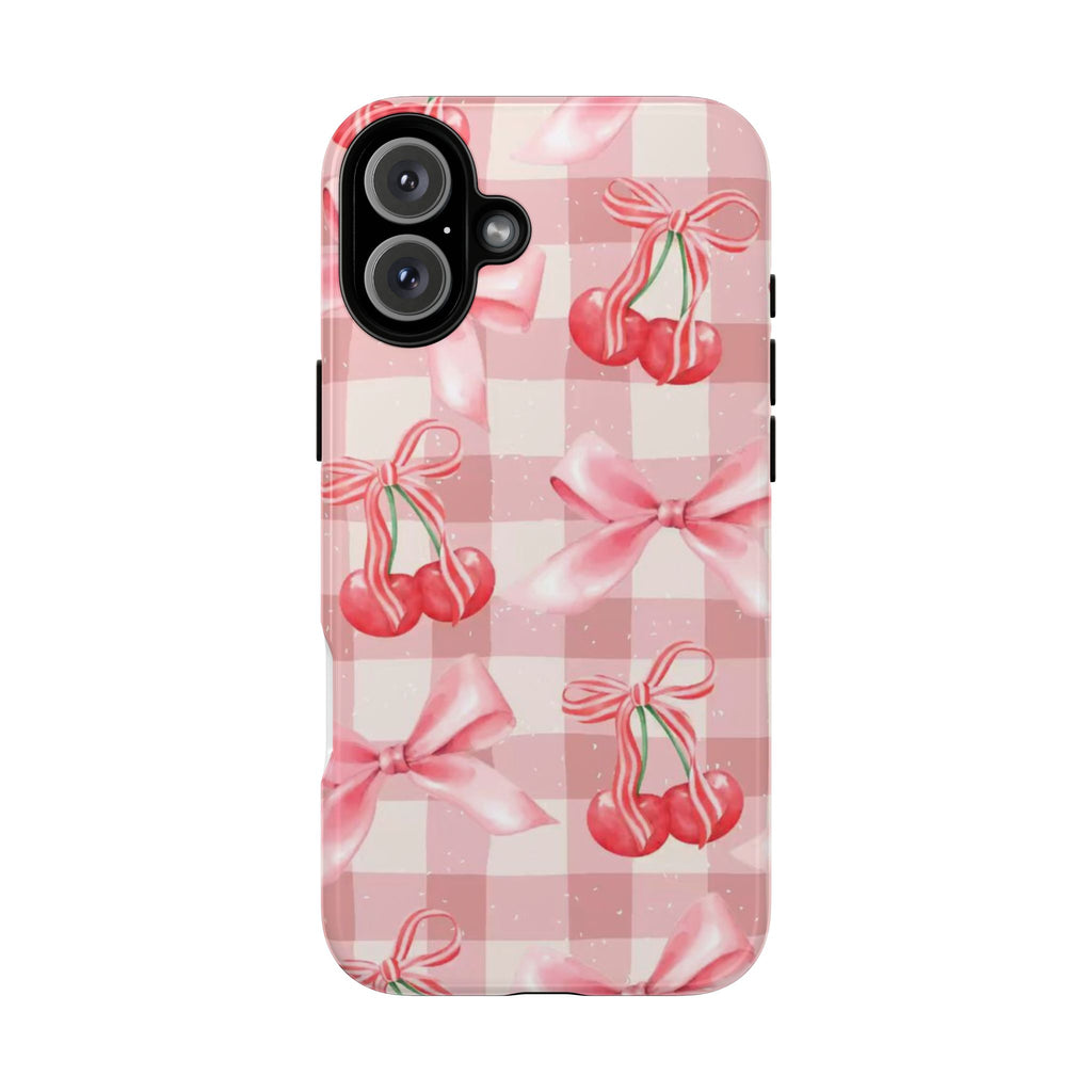 Pink Cherry Bow Phone Case — Cute Gingham Cherry Pattern