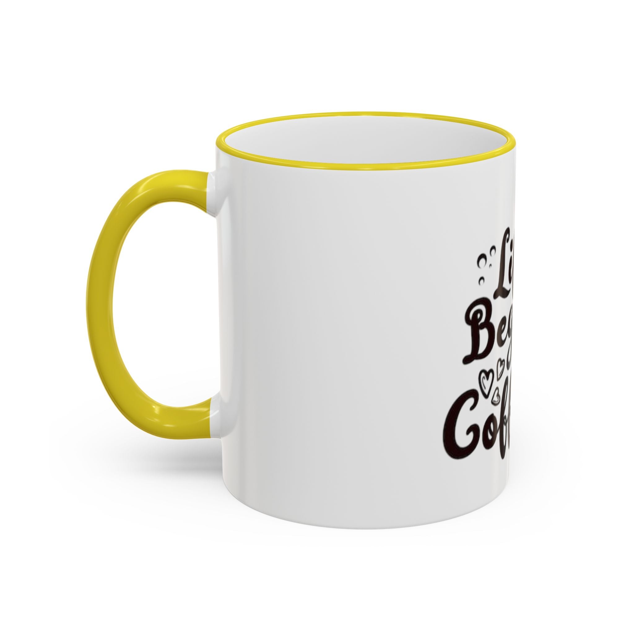 Life Begins After Coffee Accent Rim Mug — Cute Script Coffee Lover Gift (11oz/15oz)