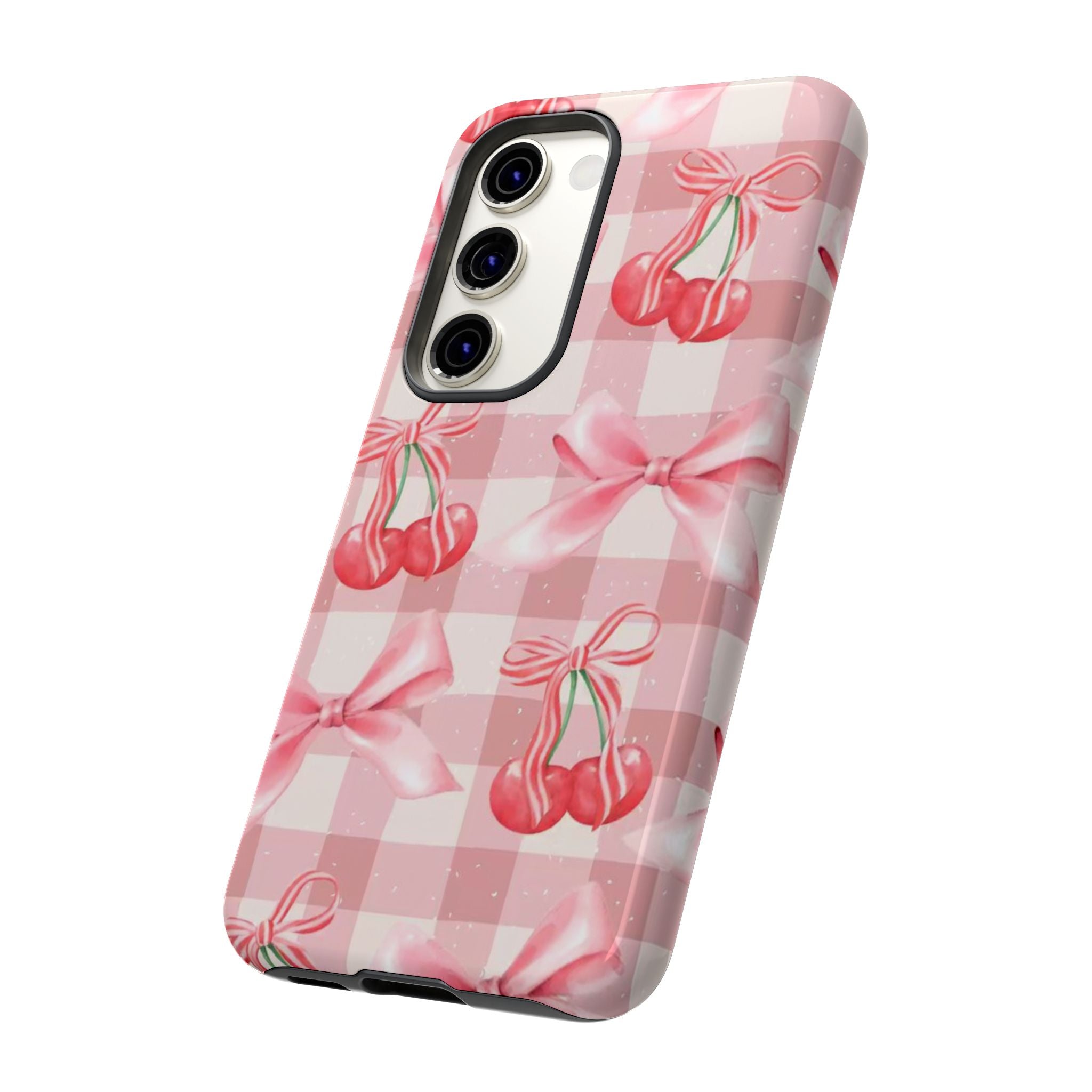 Pink Cherry Bow Phone Case — Cute Gingham Cherry Pattern