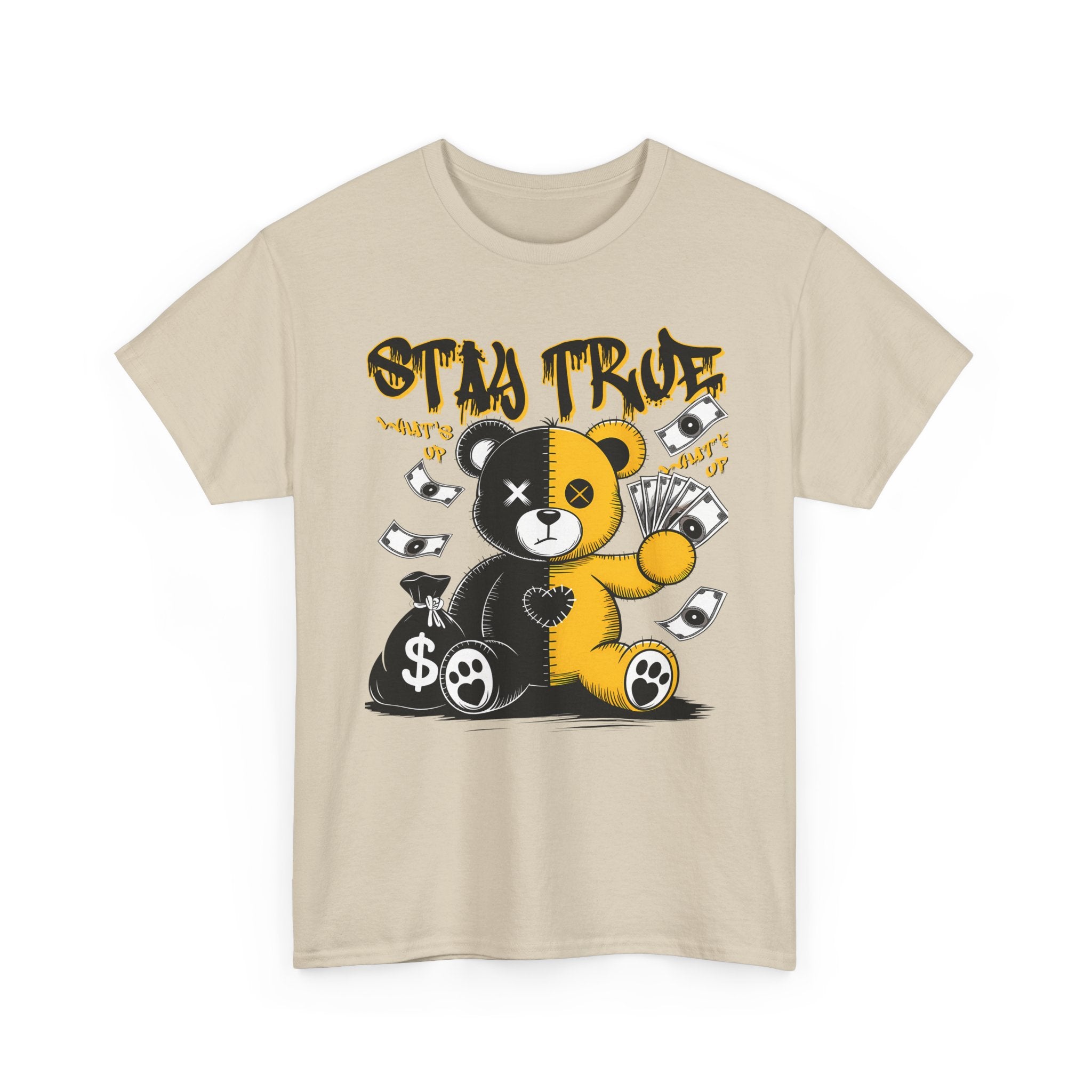 Stay True Bear Graphic Tee — Cute Black & Yellow Money Bear Shirt