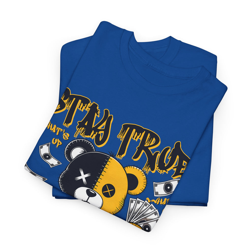 Stay True Bear Graphic Tee — Cute Black & Yellow Money Bear Shirt