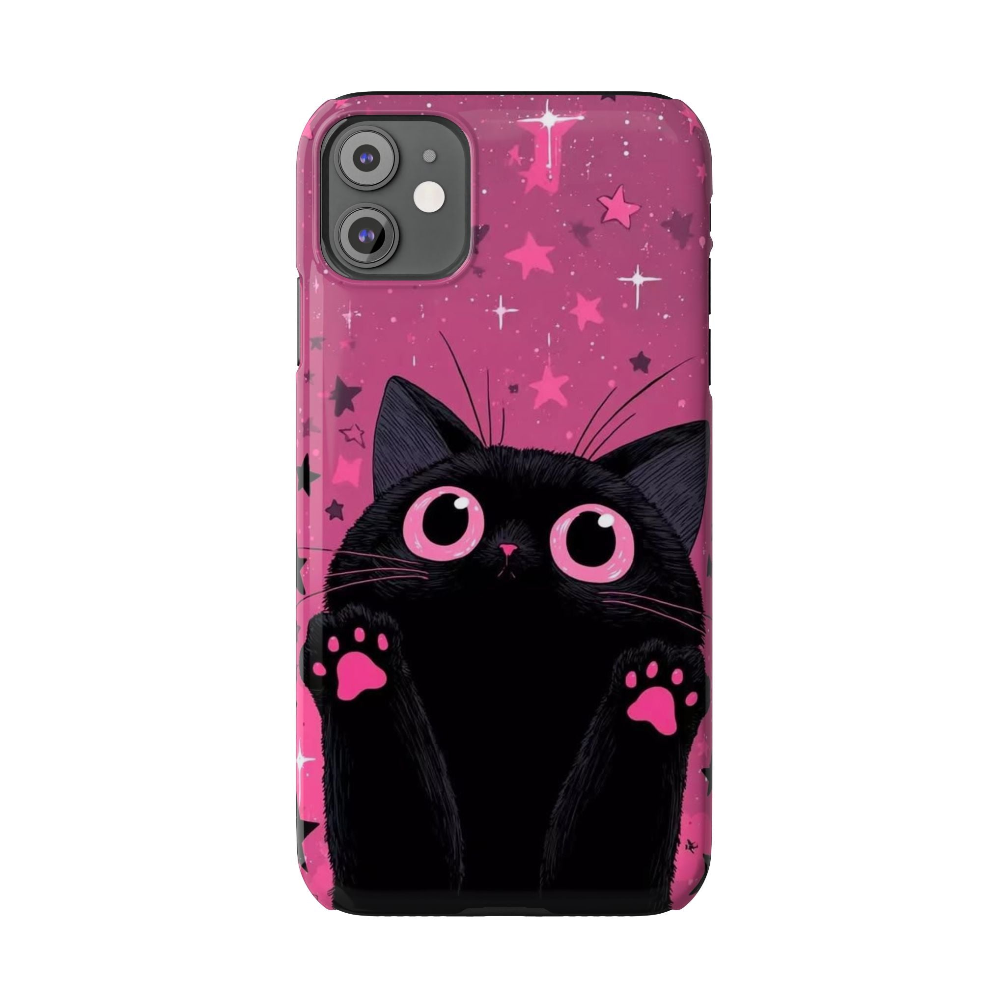 Cute Black Cat with Pink Paws Slim Phone Case | Starry Background